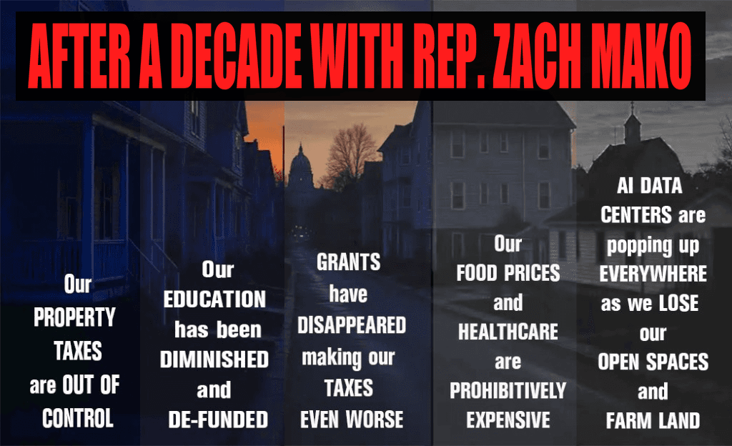 AFTER A DECADE WITH REP. ZACH MAKO: Our property taxes are out of control; Our education has been diminished and de-funded; Grants have disappeared making our taxes even worse; Our food prices and healthcare are prohibitively expensive; AI data centers are popping up everywhere as we lose our open spaces and farm land.